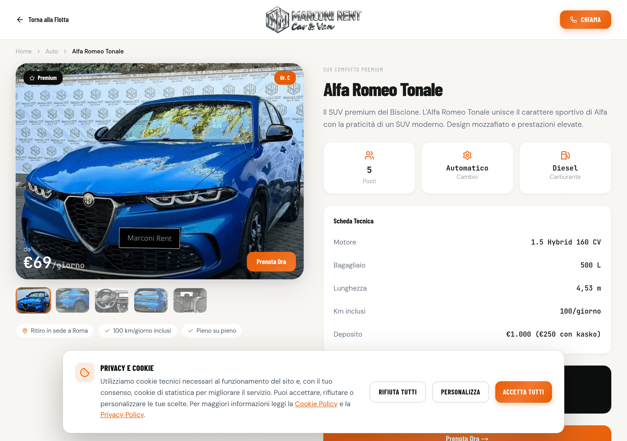 Pagina prodotto Alfa Romeo Tonale su marconirent.it